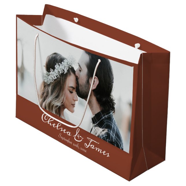 Photo Elegant Terracotta & White Calligraphy Name  Large Gift Bag (Front Angled)