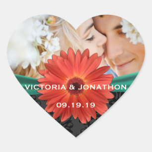 Photo Emerald and Orange Gerber Daisy Wedding Heart Sticker