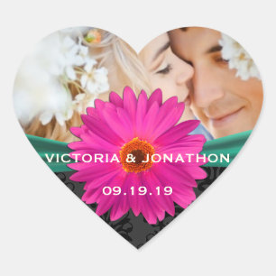 Photo Emerald and Pink Gerber Daisy Wedding Heart Sticker