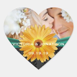 Photo Emerald and Yellow Gerber Daisy Wedding Heart Sticker