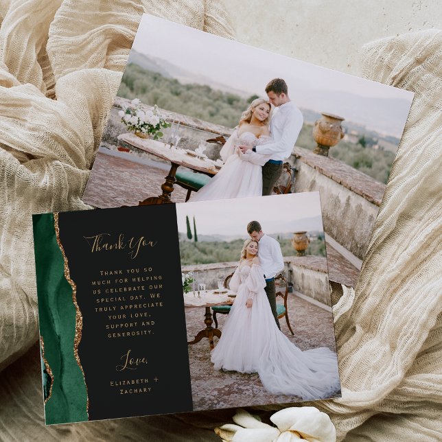 Photo Emerald Green Agate Gold Script Wedding Thank You Card (Creator Uploaded)