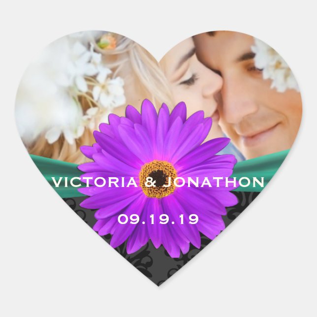 Photo Emerald Green and Plum Gerber Daisy Wedding Heart Sticker (Front)