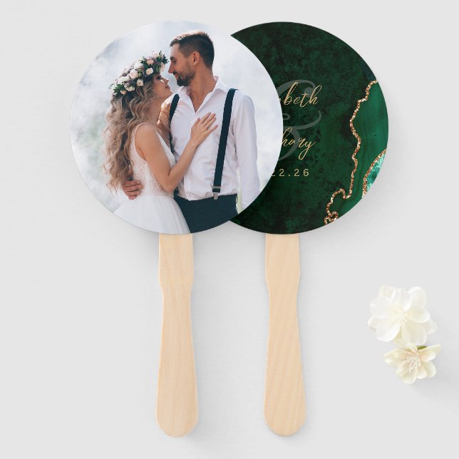 Photo Emerald Green Gold Agate Script Wedding Hand Fan (Front and Back)