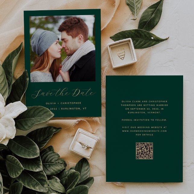 Photo Emerald Green Gold Script QR Code Save The Date (Creator Uploaded)