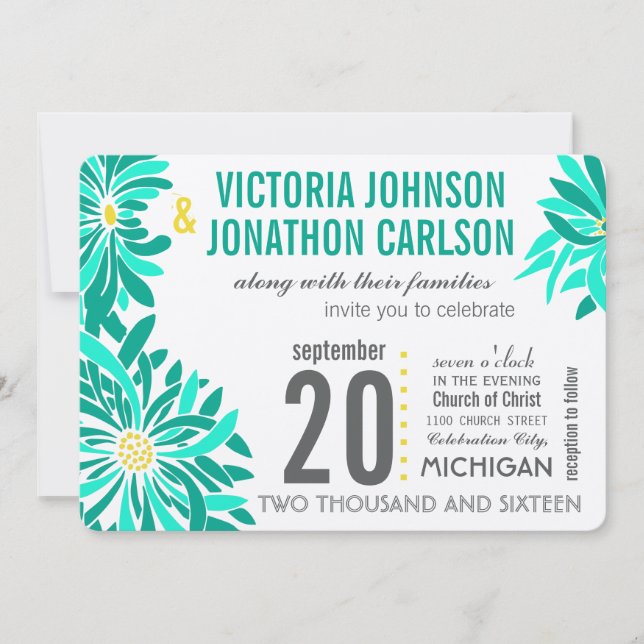 Photo Emerald Yellow Mint Modern Floral Wedding In Invitation (Front)