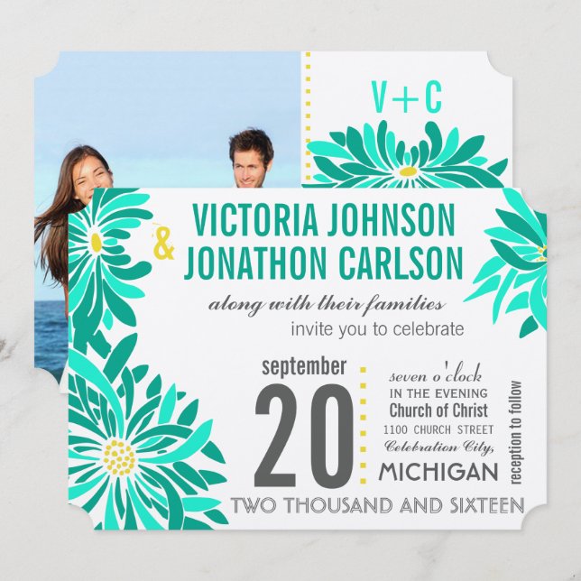 Photo Emerald Yellow Mint Modern Floral Wedding Invitation (Front/Back)