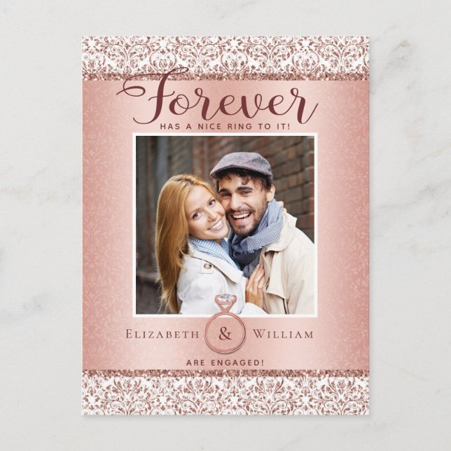 Photo Engagement Announcement Rose Gold Postcard (Front)