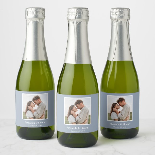 Photo Engagement Party Dusty Blue Sparkling Wine Label (Bottles)
