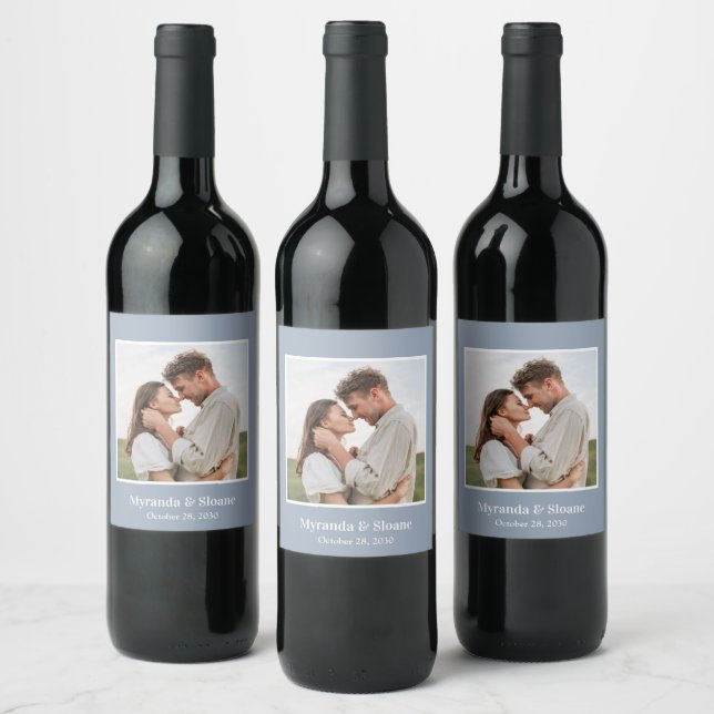 Photo Engagement Party Dusty Blue Wine Label (Bottles)