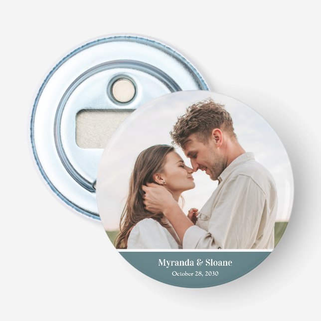 Photo Engagement Party Teal Button Bottle Opener (Front)