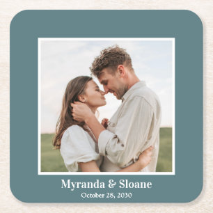 Photo Engagement Party Teal Square Paper Coaster