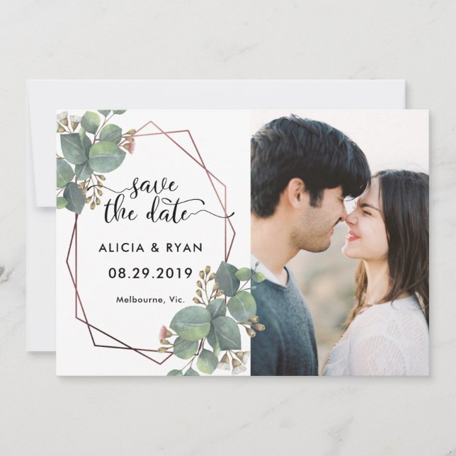 Photo eucalyptus rose gold geometric frame save the date (Front)