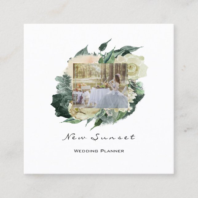 Photo Event Wedding Planner Mint Framed Florals Square Business Card (Front)