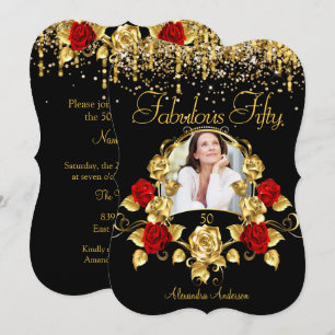 Photo Fabulous 50 Party Red Roses Glitter Gold Invitation