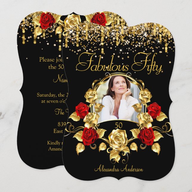 Photo Fabulous 50 Party Red Roses Glitter Gold Invitation (Front/Back)