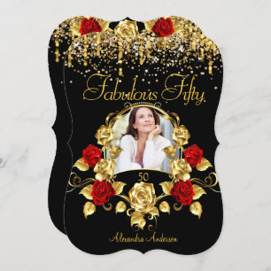 Photo Fabulous 50 Party Red Roses Glitter Gold Invitation