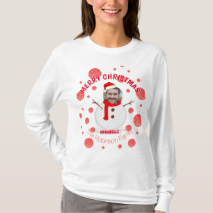 Photo Face Red Modern Snowman Family Funny Xmas T-Shirt
