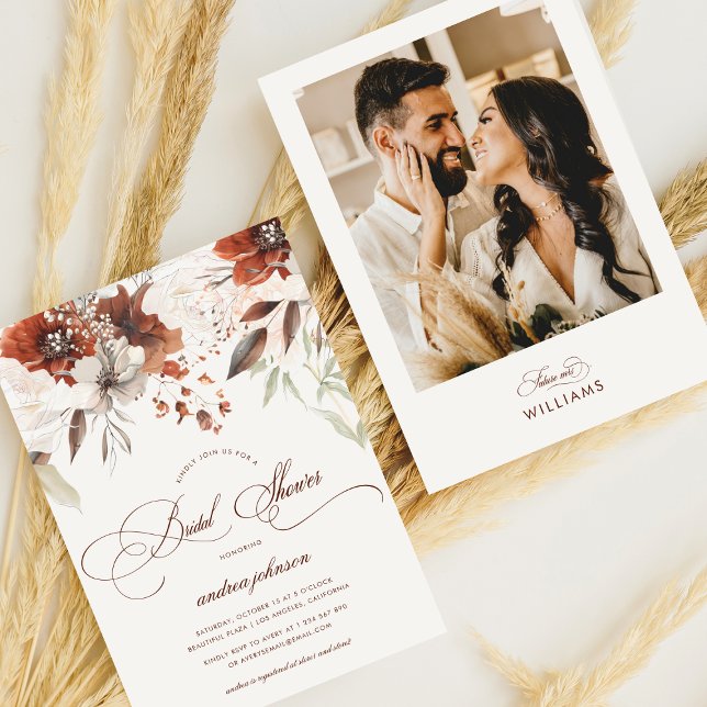 Photo Fall Floral Autumn Calligraphy Bridal Shower Invitation (Creator Uploaded)
