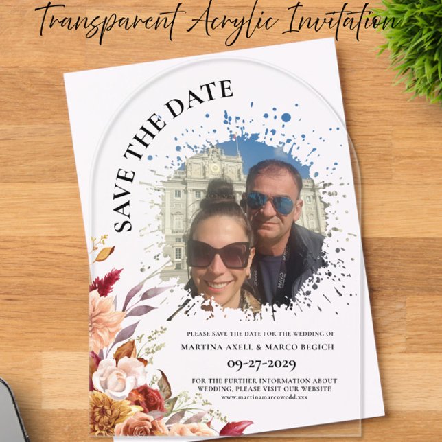 Photo Fall Floral Save the date Clear Acrylic Invitations (Creator Uploaded)