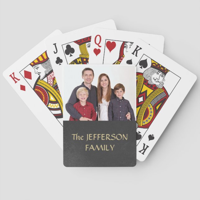 Photo Family Black Textured Monogram Playing Cards (Back)
