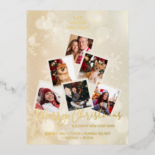 Photo Family Gold Christmas Tree & Happy New Year Foil Holiday Postcard (Front)