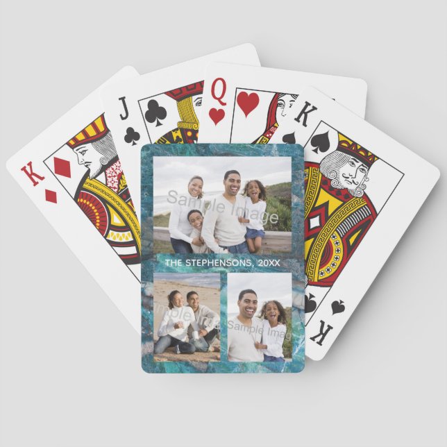 Photo Family/Pet Collage Turquoise Marble Playing Cards (Back)