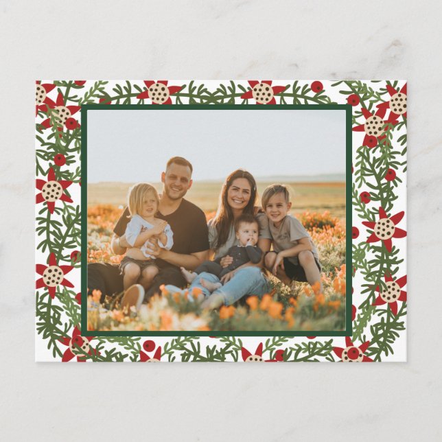 Photo Family Red Green Floral Christmas Postcard (Front)