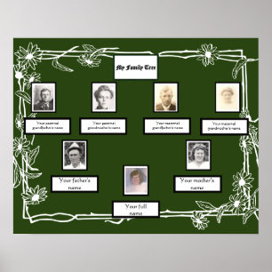 Photo Family Tree Daisy Art Border on Green Poster