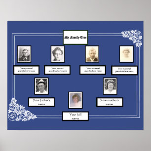 Photo Family Tree Rose Drawing Border on Blue Poster