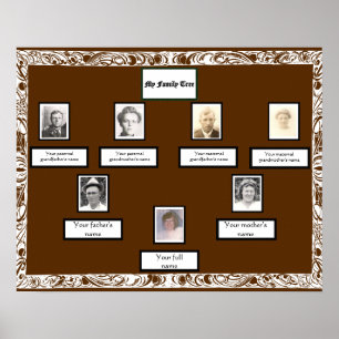 Photo Family Tree White Swirled Border on Brown Poster