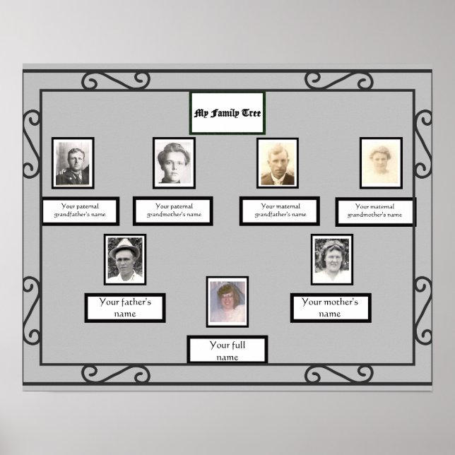 Photo Family Tree Wrought Iron Look Border on Grey Poster (Front)