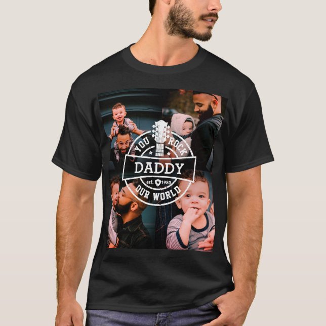 Photo Father's Day You Rock Our World Cool Black T-Shirt (Front)