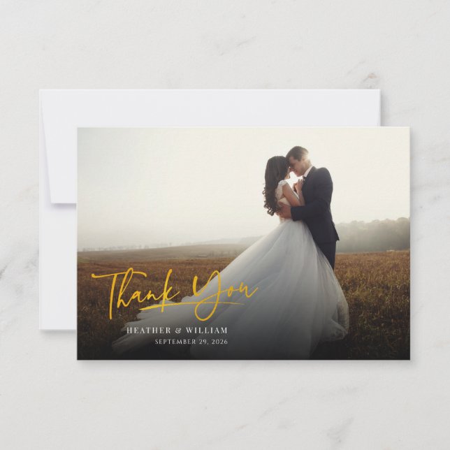 Photo Faux Gold Hand-Lettered Wedding Thank You Card (Front)