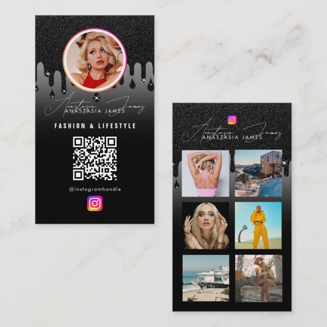 Photo Feed Grid Social Media QR Code Black Glitter Business Card (Front/Back)