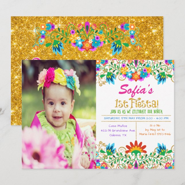 PHOTO - Fiesta 1st Birthday Glitter Invitation (Front/Back)