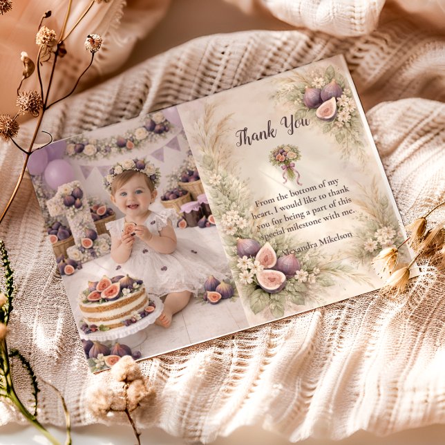 Photo Fig Garden Floral 1st Birthday Thank You Card (Creator Uploaded)