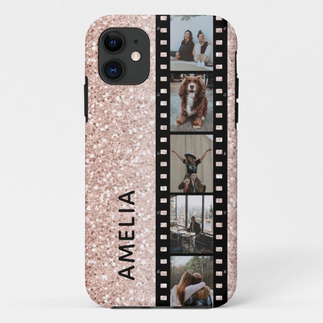 Photo Film Strip Faux Pink Glitter Personalised Case-Mate iPhone Case (Back)