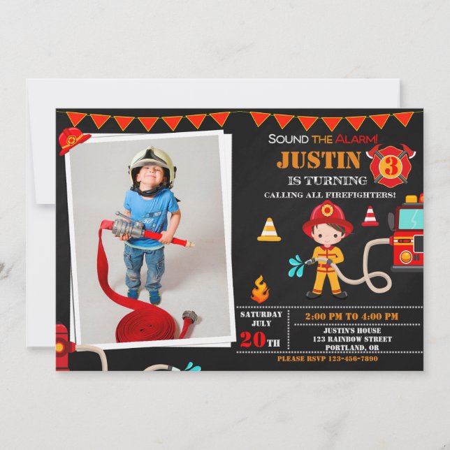Photo Firefighter birthday invitation Firetruck (Front)