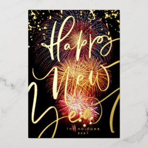 PHOTO FIREWORKS GOLD HAPPY NEW YEAR 2023 FOIL HOLIDAY CARD