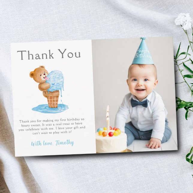 Photo First Birthday Boy Teddy Bear Ice Cream Thank You Card (Creator Uploaded)