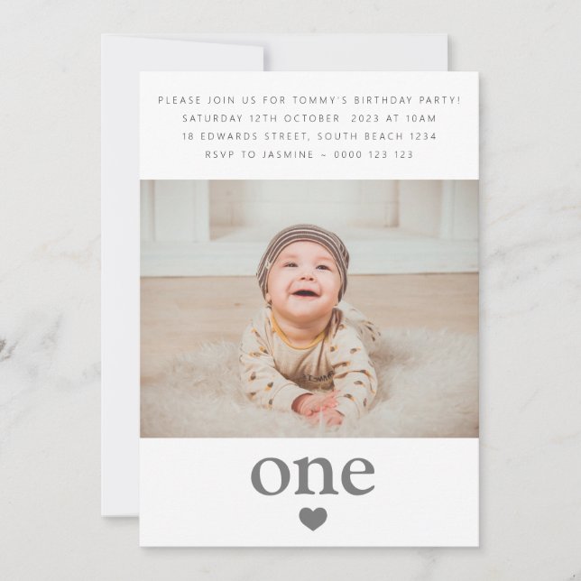 Photo First Birthday Party Heart One Invitation (Front)