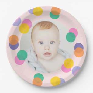 Photo First Birthday Pastel Pink Confetti Paper Plate