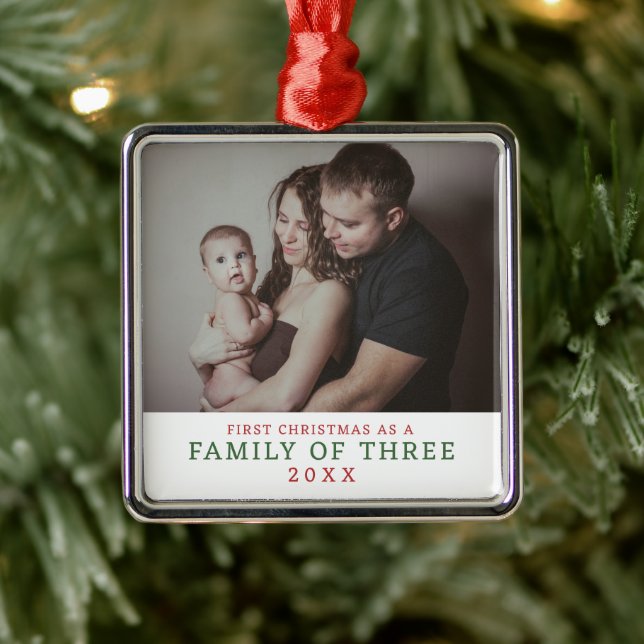 Photo First Christmas As Family of Three Metal Tree Decoration (Tree)