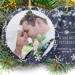 Photo First Christmas as Mr and Mrs rustic winter Ceramic Tree Decoration<br><div class="desc">First Christmas Mr and Mrs elegant personalized keepsake photo personalized tree ornament featuring snowflakes and lights on a dark navy blue barn wood background.             A pretty keepsake gift for newlyweds.</div>
