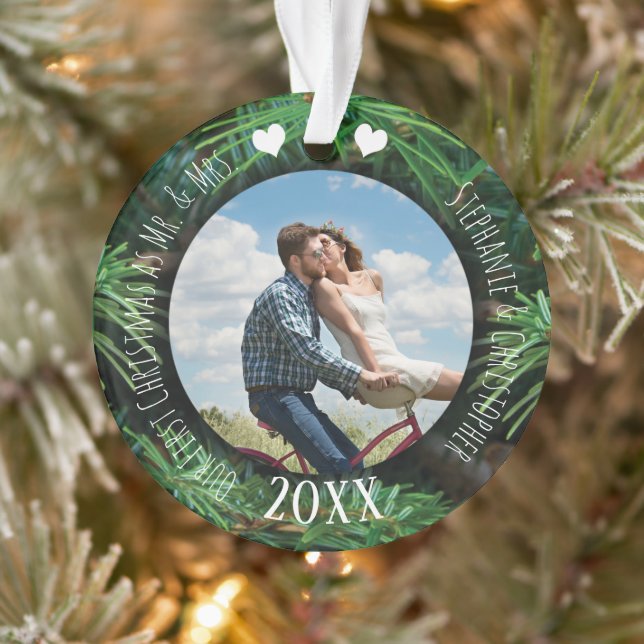 Photo First Christmas as Mr & Mrs Newlywed Pine Ornament (Tree)