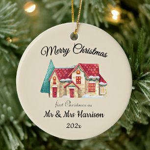 Photo First Christmas As Mr & Mrs Newlyweds Round Ceramic Tree Decoration