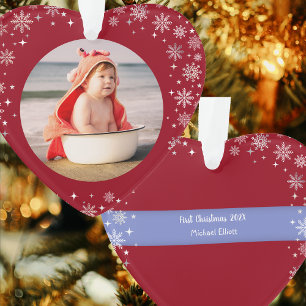 Photo First Christmas Baby Boy Cute Snow Red Heart Ornament