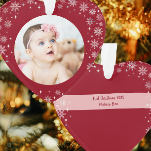 Photo First Christmas Baby Girl Snow Red Heart Ornament