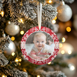 Photo First Christmas Classic Rustic Pattern Ornament