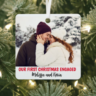 Photo First Christmas Engaged Minimal Xmas Custom Metal Tree Decoration
